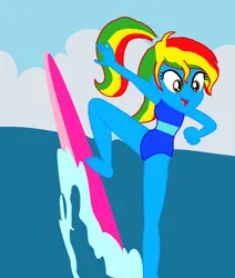 Size: 732x862 | Tagged: safe, artist:artsymlp12, artist:shieldwingarmorofgod, derpibooru import, oc, oc:royal strength, unofficial characters only, blue crushed, equestria girls, equestria girls series, g4, barefoot, base used, belly, belly button, bikini, blue skin, clothes, feet, female, image, midriff, my little pony equestria girls: better together, ocean, one-piece swimsuit, outdoors, png, ponytail, solo, surfboard, surfing, swimsuit, water, wave