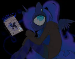 Size: 1310x1026 | Tagged: safe, artist:snowblackluck, derpibooru import, princess luna, alicorn, anthro, g4, blue coat, blue eyes, blue mane, blue tail, clothes, diary, hoodie, image, jpeg, mobile phone, phone, smartphone, socks, solo, striped socks, tail