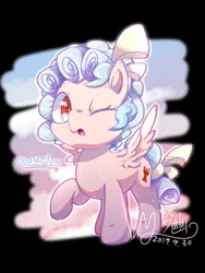 Size: 900x1200 | Tagged: safe, artist:梦幽, derpibooru import, cozy glow, pegasus, pony, g4, black background, bow, character name, female, filly, foal, hair ribbon, image, one eye closed, open mouth, png, raised hoof, ribbon, signature, simple background, solo, spread wings, tail, tail bow, wings