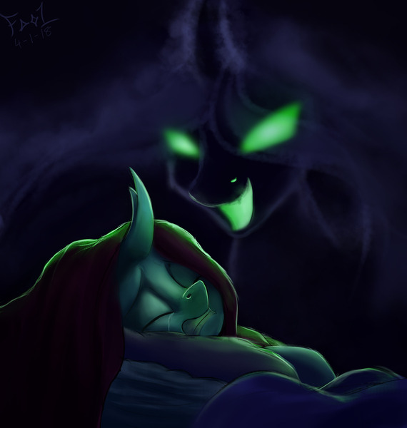 Size: 2300x2421 | Tagged: safe, artist:foughtdragon01, derpibooru import, ocellus, queen chrysalis, changedling, changeling, changeling queen, g4, school daze, bed, bedsheets, blanket, crying, eyes closed, female, frown, glare, glow, glowing eyes, gritted teeth, harsher in hindsight, image, jpeg, lying down, mother and child, mother and daughter, my little pony, nightmare, open mouth, pillow, side, sleeping, smiling, teeth