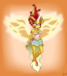 Size: 1600x1800 | Tagged: safe, artist:queentigrel, derpibooru import, sunset shimmer, equestria girls, g4, art trade, breasts, clothes, daydream shimmer, dress, female, fiery shimmer, fiery wings, gradient background, image, lidded eyes, png, smiling, solo, spread wings, wings