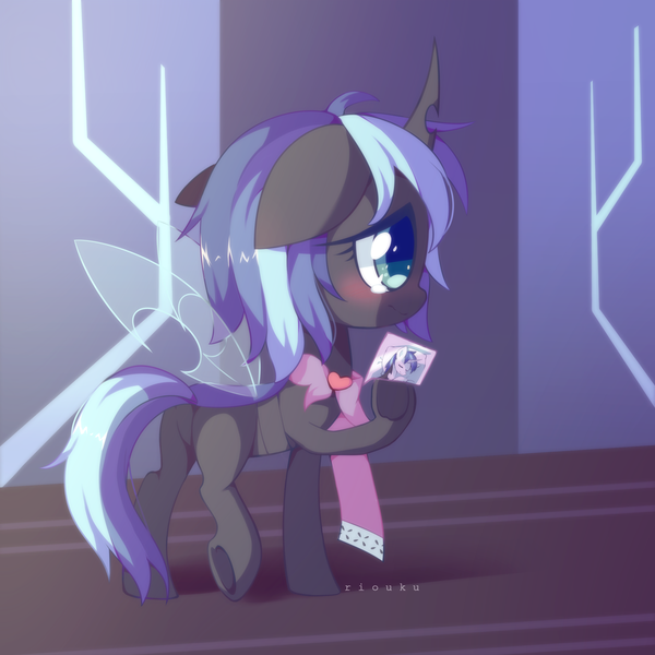 Size: 2500x2500 | Tagged: safe, artist:riouku, derpibooru import, shining armor, oc, unofficial characters only, changeling, changepony, hybrid, pony, g4, blue changeling, blushing, crying, cute, cuteling, featureless crotch, female, floppy ears, image, interspecies offspring, mare, offspring, parent:queen chrysalis, parent:shining armor, parents:shining chrysalis, photo, png, solo, underhoof