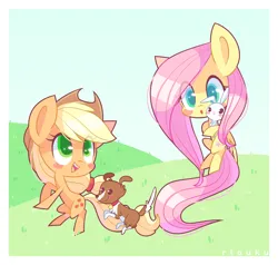 Size: 1600x1523 | Tagged: safe, artist:riouku, derpibooru import, angel bunny, applejack, fluttershy, winona, pony, g4, blushing, chibi, cute, female, image, jackabetes, mare, open mouth, pets, png, shyabetes