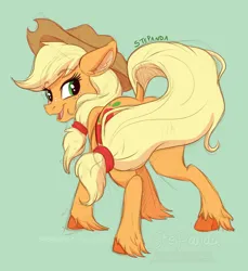 Size: 2792x3046 | Tagged: safe, artist:stepandy, derpibooru import, applejack, earth pony, pony, g4, dock, female, image, looking at you, looking back, looking back at you, mare, open mouth, png, simple background, tail, unshorn fetlocks