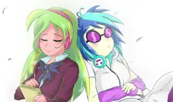 Size: 1600x950 | Tagged: safe, artist:amazingpuffhair, derpibooru import, lemon zest, vinyl scratch, equestria girls, friendship games, g4, duo, female, headphones, image, jpeg, lemonscratch, lesbian, my little pony equestria girls: friendship games, sharing headphones, ship:lemonscratch, shipping, sunglasses