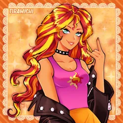 Size: 1250x1250 | Tagged: safe, artist:tiramichi-art, artist:tiramichii, derpibooru import, kotobukiya, sunset shimmer, equestria girls, g4, abstract background, bare shoulders, choker, clothes, cute, female, image, jacket, kotobukiya sunset shimmer, looking at you, off shoulder, png, shimmerbetes, sleeveless, smiling, solo, sparkles, spiked choker