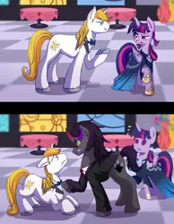 Size: 1100x1420 | Tagged: safe, artist:patty-plmh, derpibooru import, king sombra, prince blueblood, twilight sparkle, twilight sparkle (alicorn), alicorn, pony, g4, female, grand galloping gala, image, love triangle, male, png, ship:twiblood, ship:twibra, shipping, straight, twilight sparkle gets all the stallions