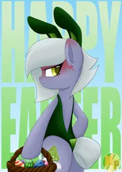 Size: 2480x3508 | Tagged: suggestive, artist:mimicproductions, derpibooru import, limestone pie, earth pony, pony, g4, angry, backless, basket, bipedal, blushing, bunny ears, bunny suit, butt, clothes, cross-popping veins, cute, ear blush, easter, easter basket, easter bunny, easter egg, emanata, female, holiday, hoof hold, hoof on hip, image, limabetes, limestonebutt, limetsun pie, mare, png, profile, solo, tail, tail bun, tsundere