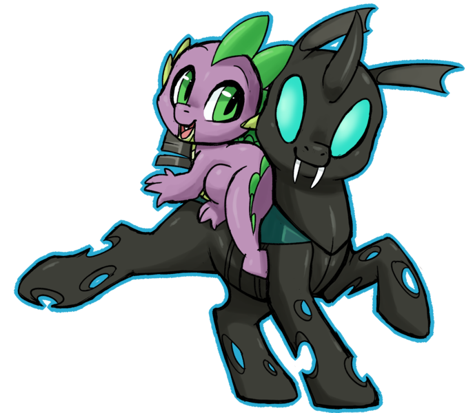 Size: 2285x2000 | Tagged: safe, artist:amphleur-de-lys, artist:starampharos, derpibooru import, spike, thorax, changeling, g4, the times they are a changeling, cute, dragons riding changelings, duo, image, my little pony, png, raised hoof, riding, simple background, smiling, spike riding thorax, transparent background