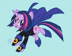 Size: 2700x2100 | Tagged: safe, artist:batangbatugan, derpibooru import, twilight sparkle, pony, unicorn, g4, amulet, blue background, cloak, clothes, cosplay, costume, crossover, dc comics, female, gem, horn, image, jewelry, jpeg, mare, raven (dc comics), shoes, signature, simple background, smiling, solo, teen titans, twiraven, unicorn twilight, voice actor joke