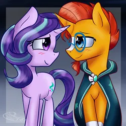 Size: 2000x2000 | Tagged: safe, artist:yoshiyoshi700, derpibooru import, starlight glimmer, sunburst, pony, unicorn, g4, blushing, cloak, clothes, female, horn, image, looking at each other, looking at someone, male, mare, png, robe, shipping, signature, simple background, smiling, stallion, starburst, straight, sunburst's cloak, wrong eye color