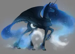 Size: 1600x1150 | Tagged: safe, artist:bootsdotexe, derpibooru import, princess luna, alicorn, pony, comic:beyond our borders, g4, alternate universe, colored fetlocks, ethereal fetlocks, ethereal mane, female, four wings, gray background, image, mare, multiple wings, png, raised hoof, realistic horse legs, simple background, solo, starry mane, unshorn fetlocks, wings