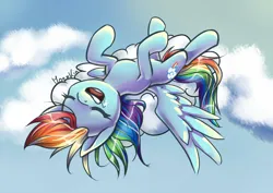 Size: 1200x848 | Tagged: safe, artist:moenkin, derpibooru import, rainbow dash, g4, cloud, cloudy, drool, female, image, lying down, lying on a cloud, on a cloud, png, sleeping, snoring, solo