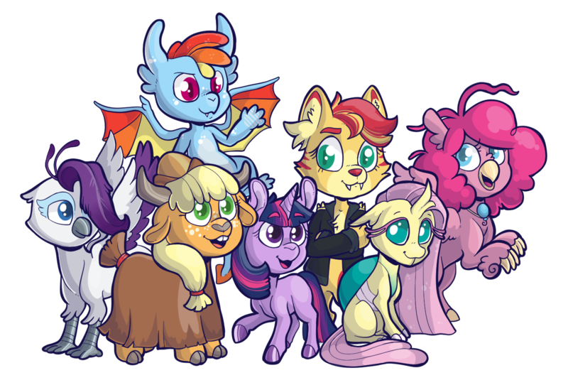 Size: 1434x972 | Tagged: safe, artist:lucheek, derpibooru import, applejack, fluttershy, pinkie pie, rainbow dash, rarity, sunset shimmer, twilight sparkle, abyssinian, anthro, changedling, changeling, classical hippogriff, dragon, gryphon, hippogriff, pony, unicorn, yak, g4, abyssinianized, alternate universe, appleyak, changedlingified, changelingified, classical hippogriffied, cloven hooves, colored hooves, cute, dashabetes, diapinkes, dragoness, dragonified, ear fluff, female, flutterling, griffarity, griffonized, hippo pie, hippogriffied, hooves, horn, image, jackabetes, jewelry, mane six, necklace, nyanset shimmer, png, rainbow dragon, raribetes, shimmerbetes, simple background, species swap, transparent background, twiabetes, unicorn twilight, yakified