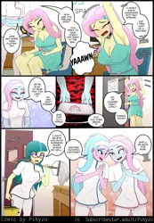 Size: 1485x2144 | Tagged: safe, artist:pshyzomancer, derpibooru import, aloe, fluttershy, juniper montage, lotus blossom, human, comic:tactile response, equestria girls, g4, armpits, blushing, breasts, bucket, busty fluttershy, chair, choker, cleavage, clothes, dialogue, door, eyes closed, image, menacing, mop, oblivious, png, room, spa, speech bubble, stretching, text, uniform, waking up, yawn