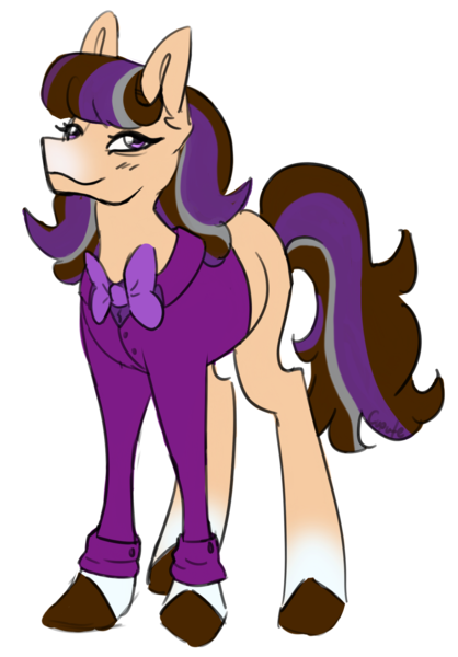 Size: 1139x1634 | Tagged: safe, artist:cupute, derpibooru import, unnamed character, unnamed pony, earth pony, pony, bangs, beige coat, blush lines, blushing, bowtie, brown hooves, brown mane, brown tail, button-up shirt, clothes, eye wrinkles, female, fluffy hair, full body, gradient hooves, gradient muzzle, headcanon in the description, image, long legs, looking at you, multicolored hair, multicolored mane, multicolored tail, png, purple eyes, shirt, simple background, smiling, smirk, solo, solo female, tail, thin legs, transparent background, wild manes