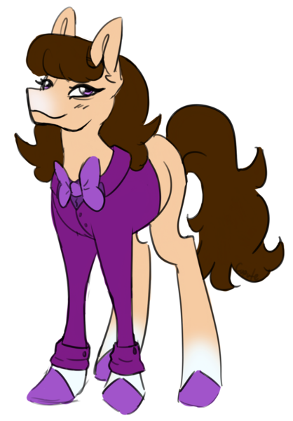 Size: 1139x1634 | Tagged: safe, artist:cupute, derpibooru import, unnamed character, unnamed pony, earth pony, pony, bangs, beige coat, blush lines, blushing, bowtie, brown mane, brown tail, button-up shirt, clothes, eye wrinkles, female, fluffy hair, full body, gradient hooves, gradient muzzle, headcanon in the description, image, long legs, looking at you, png, purple eyes, purple hooves, shirt, simple background, smiling, smirk, solo, solo female, tail, thin legs, transparent background, wild manes