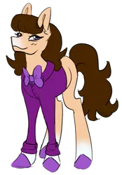 Size: 1139x1634 | Tagged: safe, artist:cupute, derpibooru import, unnamed character, unnamed pony, earth pony, pony, bangs, beige coat, blush lines, blushing, bowtie, brown mane, brown tail, button-up shirt, clothes, eye wrinkles, female, fluffy hair, full body, gradient hooves, gradient muzzle, headcanon in the description, image, long legs, looking at you, png, purple eyes, purple hooves, shirt, simple background, smiling, smirk, solo, solo female, tail, thin legs, transparent background, wild manes