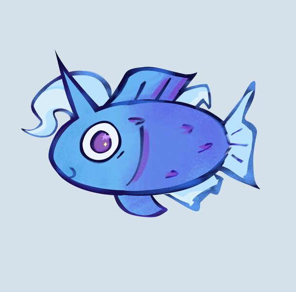 Size: 1560x1540 | Tagged: safe, artist:startrixfan, derpibooru import, trixie, fish, g4, blue background, female, fishified, horn, image, jpeg, simple background, smiling, solo, species swap