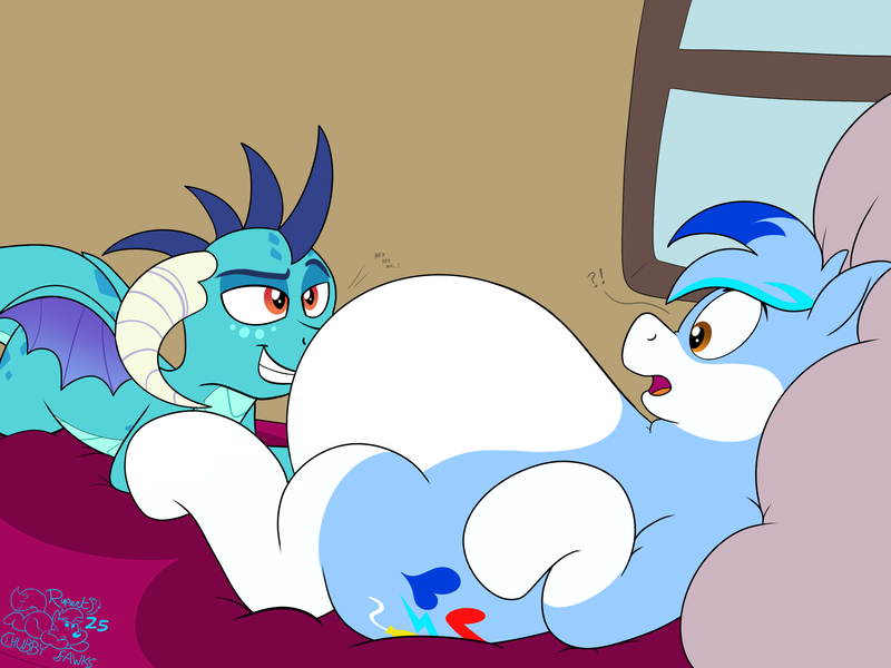 Size: 3000x2250 | Tagged: suggestive, alternate version, artist:rupert, derpibooru import, princess ember, oc, oc:rupert the blue fox, dragon, fox, fox pony, hybrid, pony, series:tummy time with rupert and friends, g4, bed, bedroom, bedroom eyes, belly, big belly, chubby, cute, dialogue, dragoness, duo, emberbetes, exclamation point, fat, female, giggling, grin, image, indoors, interrobang, looking at each other, looking at someone, lying down, male, my little pony, o mouth, ocbetes, on back, open mouth, pillow, png, prone, question mark, raspberry, shipping fuel, smiling, smirk, stallion, tongue out