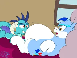 Size: 3000x2250 | Tagged: suggestive, alternate version, artist:rupert, derpibooru import, princess ember, oc, oc:rupert the blue fox, dragon, fox, fox pony, hybrid, pony, series:tummy time with rupert and friends, g4, bed, bedroom, bedroom eyes, belly, big belly, chubby, cute, dialogue, dragoness, duo, emberbetes, exclamation point, fat, female, giggling, grin, image, indoors, interrobang, looking at each other, looking at someone, lying down, male, my little pony, o mouth, ocbetes, on back, open mouth, pillow, png, prone, question mark, raspberry, shipping fuel, smiling, smirk, stallion, tongue out