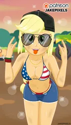 Size: 546x970 | Tagged: suggestive, artist:jakepixels, derpibooru import, applejack, human, equestria girls, g4, american flag bikini, backwards ballcap, baseball cap, bikini, bracelet, breasts, busty applejack, cap, clothes, daisy dukes, devil horn (gesture), flag bikini, freckles, grand theft auto, gta vi, hat, image, jewelry, looking at you, monster truck, mud, necklace, patreon, patreon logo, png, shorts, side-tie bikini, sunglasses, swimsuit, tongue out, unbuttoned