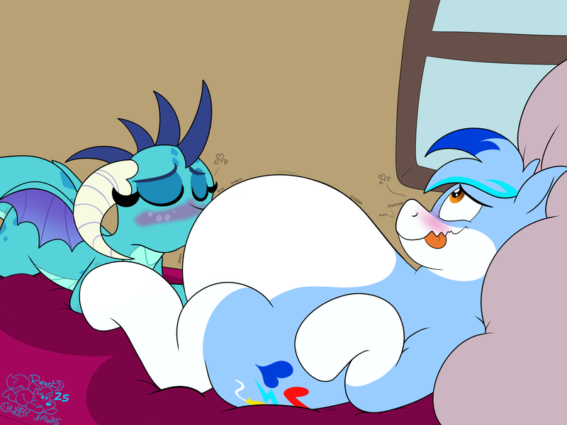 Size: 3000x2250 | Tagged: suggestive, alternate version, artist:rupert, derpibooru import, princess ember, oc, oc:rupert the blue fox, dragon, fox, fox pony, hybrid, pony, series:tummy time with rupert and friends, g4, bed, bedroom, belly, belly kisses, belly kissing, big belly, blushing, boing, chubby, cute, dragoness, duo, emberbetes, eyes closed, fat, female, heart, image, indoors, licking, looking up, lying down, male, moaning, moaning in pleasure, my little pony, o mouth, ocbetes, on back, onomatopoeia, pillow, png, prone, raspberry, shipping fuel, smiling, smirk, stallion, tongue out, tummylingus, wavy mouth