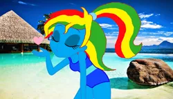 Size: 994x574 | Tagged: safe, artist:fernandash, artist:shieldwingarmorofgod, artist:yaya54320bases, derpibooru import, oc, oc:royal strength, unofficial characters only, equestria girls, g4, beach, beautiful, blowing a kiss, blue skin, clothes, eyes closed, female, image, kissing, midriff, one-piece swimsuit, png, ponytail, sexy, solo, swimsuit