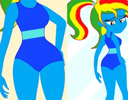 Size: 2854x2233 | Tagged: safe, artist:darkplayerferraz269, artist:shieldwingarmorofgod, derpibooru import, oc, oc:royal strength, unofficial characters only, equestria girls, g4, ass, blue skin, breasts, butt, clothes, female, image, midriff, mirror, one-piece swimsuit, png, ponytail, solo, swimsuit