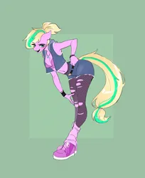 Size: 2019x2472 | Tagged: safe, artist:tomi_ouo, derpibooru import, oc, oc:emerald bubble, unofficial characters only, anthro, earth pony, abstract background, clothes, fishnet clothing, fishnets, image, jewelry, looking at you, necklace, png, simple background, socks, solo, stockings, thigh highs