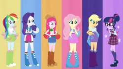 Size: 1280x720 | Tagged: safe, artist:selenaede, artist:sidneysixx, artist:theorybrony, derpibooru import, applejack, fluttershy, pinkie pie, rainbow dash, rarity, sci-twi, twilight sparkle, human, equestria girls, g4, alternate hairstyle, applejack's hat, base used, boots, clothes, clothes swap, cowboy hat, crystal prep academy uniform, equestria girls interpretation, female, glasses, hat, high heel boots, humane five, humane six, image, png, rainbow socks, scene interpretation, school uniform, shoes, skirt, socks, striped socks, tanktop, what my cutie mark is telling me