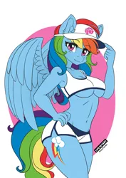 Size: 848x1200 | Tagged: suggestive, artist:lifejoyart, derpibooru import, rainbow dash, anthro, pegasus, plantigrade anthro, g4, adorasexy, belly button, bikini, breasts, busty rainbow dash, cap, clothes, curvy, cute, cutie mark on anthro, female, hat, image, jpeg, looking at you, midriff, my little pony logo, sexy, simple background, smiling, solo, solo female, spread wings, swimsuit, underboob, white background, wings