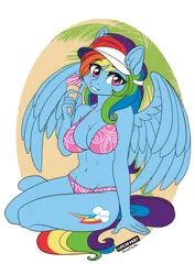 Size: 848x1200 | Tagged: suggestive, artist:lifejoyart, derpibooru import, rainbow dash, anthro, pegasus, unguligrade anthro, g4, adorasexy, beach, belly button, bikini, breasts, busty rainbow dash, cap, cleavage, clothes, curvy, cute, cutie mark on anthro, female, food, hat, ice cream, image, jpeg, looking at you, midriff, sexy, simple background, sitting, smiling, smiling at you, solo, solo female, spread wings, swimsuit, white background, wings