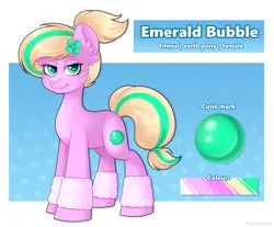 Size: 4076x3371 | Tagged: safe, artist:madelinne, derpibooru import, oc, oc:emerald bubble, unofficial characters only, earth pony, pony, clothes, female, flower, flower in hair, image, leg warmers, looking at you, mare, png, ponytail, reference sheet, solo