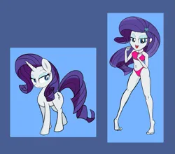 Size: 1325x1164 | Tagged: suggestive, artist:calmbreezes, derpibooru import, rarity, human, pony, unicorn, equestria girls, g4, bikini, clothes, duo, female, horn, image, lidded eyes, mare, panties, png, swimsuit, thong, underwear