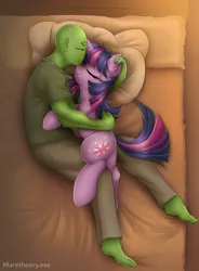 Size: 4134x5616 | Tagged: safe, artist:maretheory.exe, derpibooru import, twilight sparkle, oc, oc:anon, human, pony, unicorn, g4, bed, eyes closed, female, horn, hug, hugging a pony, image, male, mare, png, sleeping, smiling, snuggling, unicorn twilight