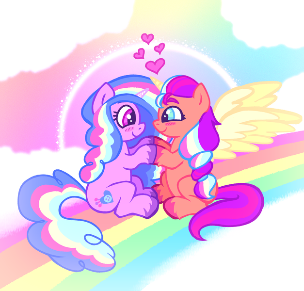 Size: 2500x2391 | Tagged: safe, artist:catponything, derpibooru import, izzy moonbow, sunny starscout, alicorn, pony, unicorn, g5, my little pony: a new generation, blush lines, blushing, braided ponytail, cloud, cute, duo, ethereal horn, ethereal wings, female, hair tie, happy, heart, holding hooves, horn, image, lesbian, looking into each others eyes, mane stripe sunny, outdoors, png, race swap, rainbow, rainbow power, ship:moonscout, shipping, sitting, sky, smiling, sunnycorn, unshorn fetlocks, wings