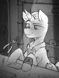 Size: 545x720 | Tagged: safe, artist:flixanoa, derpibooru import, oc, oc:bit shift, unofficial characters only, pony, unicorn, fallout equestria, brain, clothes, electronics, grayscale, horn, image, jumpsuit, monochrome, organs, pipbuck, png, shading, sketch, smiling, sparkles, sparkly eyes, stable (vault), vault suit, wingding eyes