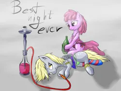 Size: 1024x768 | Tagged: safe, artist:snus-kun, derpibooru import, berry punch, berryshine, derpy hooves, earth pony, pegasus, pony, g4, bottle, chest fluff, clothes, drug use, drugs, drunk, ear fluff, female, females only, hookah, image, lying down, mare, panties, png, sitting, skirt, smiling, underwear