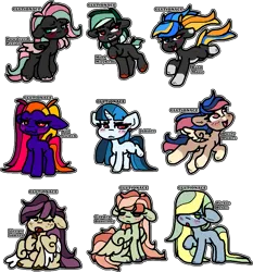 Size: 979x1051 | Tagged: safe, artist:sexygoatgod, derpibooru import, oc, oc:bold move, oc:dusty dunes, oc:garden butterfly, oc:jubilee, oc:kill switch, oc:mint mayhem, oc:pickle brine, oc:powdered petals, oc:sleepy sunset, unofficial characters only, earth pony, pegasus, pony, unicorn, adoptable, chibi, female, horn, image, mare, png