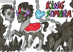 Size: 4535x3271 | Tagged: safe, artist:artistnjc, derpibooru import, king sombra, pony, unicorn, g4, antagonist, armor, chains, character name, colored, crystal, crystal heart, evil grin, grin, helmet, horn, image, looking at you, png, raised hoof, shadow, sharp teeth, signature, simple background, smiling, solo, sombra eyes, teeth, traditional art, unshorn fetlocks