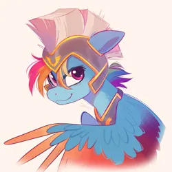 Size: 3000x3000 | Tagged: safe, artist:imalou, derpibooru import, rainbow dash, pegasus, pony, g4, g5, colored wings, colored wingtips, commission, female, g4 to g5, generation leap, helmet, high res, image, jpeg, looking at you, mare, smiling, smiling at you, solo, wings