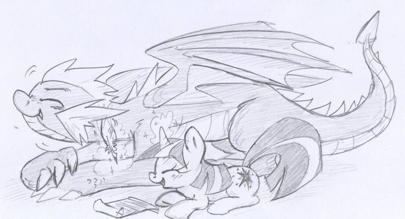 Size: 1280x692 | Tagged: safe, artist:skutchi, derpibooru import, part of a set, spike, twilight sparkle, dragon, pony, unicorn, g4, cute, duo, duo male and female, eyes closed, female, horn, image, jpeg, levitation, lying down, magic, male, mama twilight, older, older spike, open mouth, open smile, orange background, prone, quill, scroll, simple background, smiling, spikabetes, teenage spike, teenaged dragon, teenager, telekinesis, tickling, twiabetes, unicorn twilight, winged spike, wings