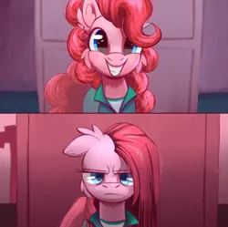 Size: 2250x2240 | Tagged: safe, artist:candy meow, derpibooru import, pinkie pie, ponified, earth pony, pony, g4, bags under eyes, clothes, female, grumpy, happy, image, mare, meme, meme template, pinkamena diane pie, png, ponified meme, solo, squid game, unhappy