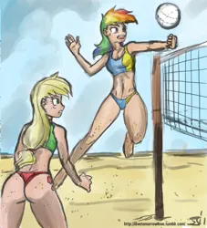 Size: 909x1000 | Tagged: suggestive, artist:johnjoseco, artist:michos, color edit, derpibooru import, edit, applejack, rainbow dash, human, g4, applebutt, ass, beach, beach volleyball, bicolor swimsuit, bikini, blue swimsuit, breasts, butt, clothes, colored, cutie mark on human, female, females only, green swimsuit, homoerotic beach volleyball, humanized, image, png, red swimsuit, sports, swimsuit, thong swimsuit, volleyball, wedgie