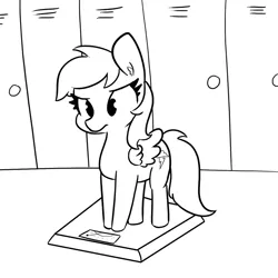 Size: 1152x1152 | Tagged: safe, artist:tjpones, derpibooru import, rainbow dash, pegasus, pony, g4, black and white, female, frustrated, grayscale, heavy, image, implied weight gain, locker room, monochrome, png, scale, solo