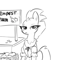 Size: 1152x1152 | Tagged: safe, artist:tjpones, derpibooru import, tempest shadow, pony, unicorn, g4, apple, broken horn, clothes, farmer, female, food, grayscale, horn, image, lidded eyes, mare, monochrome, png, scar, solo, stall