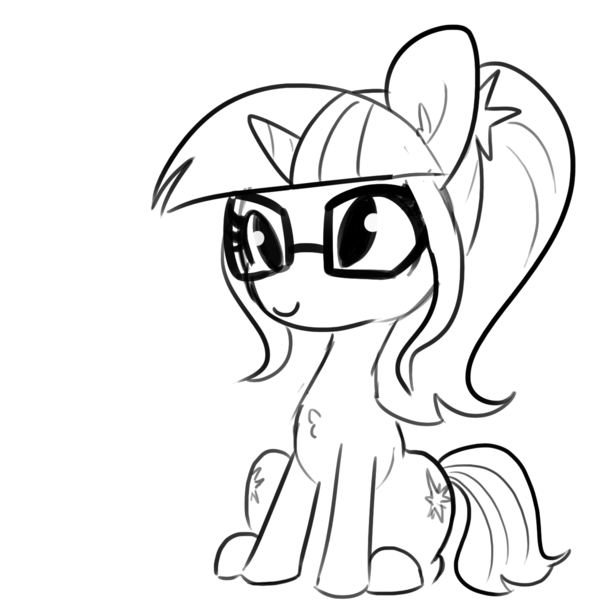 Size: 1296x1296 | Tagged: safe, artist:tjpones, derpibooru import, sci-twi, twilight sparkle, ponified, pony, unicorn, g4, both cutie marks, cute, equestria girls ponified, female, glasses, grayscale, horn, image, monochrome, png, simple background, sitting, smiling, solo, white background