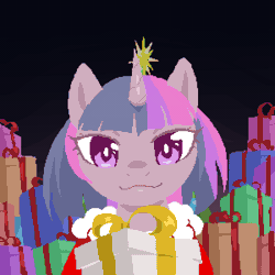 Size: 1200x1200 | Tagged: safe, artist:cold-blooded-twilight, edit, twilight sparkle, pony, unicorn, animated, christmas, eyes closed, fangs, female, gif, gradient background, holiday, image, looking at you, mare, present, sfw edit, smiling, solo, unicorn twilight