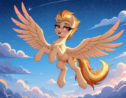 Size: 1376x1072 | Tagged: safe, ai content, generator:zoinksnoob, machine learning generated, prompter:cloudmild, stable diffusion, spitfire, pegasus, pony, g4, chest fluff, cloud, female, flying, image, jpeg, lidded eyes, sky, smiling, solo, spread wings, stars, tail, wings